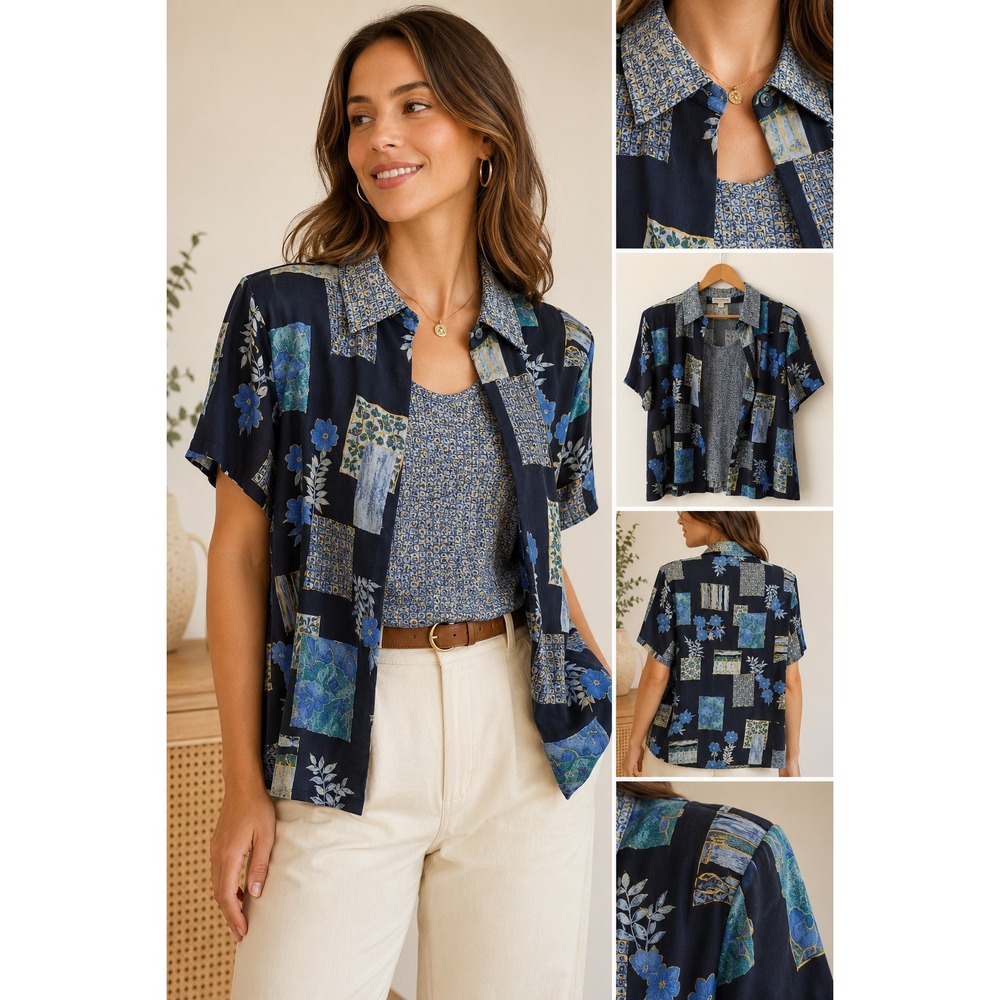 Vintage Navy Patchwork Floral Layered Blouse L Rayon Shoulder Pads Grandmacore